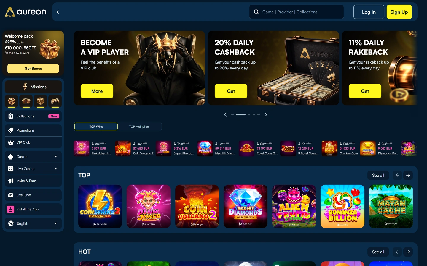 Aureonplayn etusivu: 425 %:n tervetulopaketti sivupalkissa ja VIP-karuselli