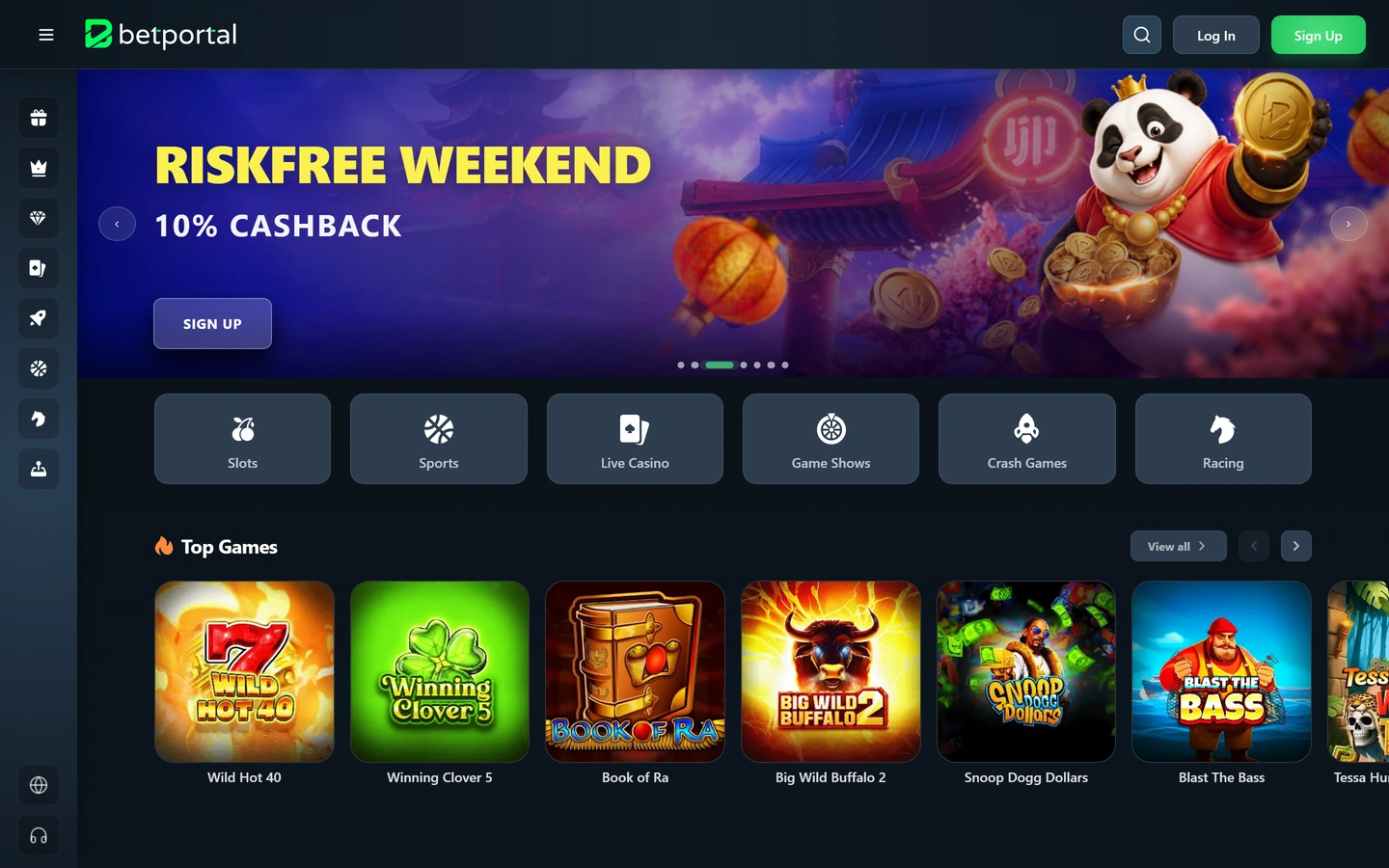 Betportalin etusivu: Riskfree Weekend -banneri, kategoriaruudut ja Top Games -rivi