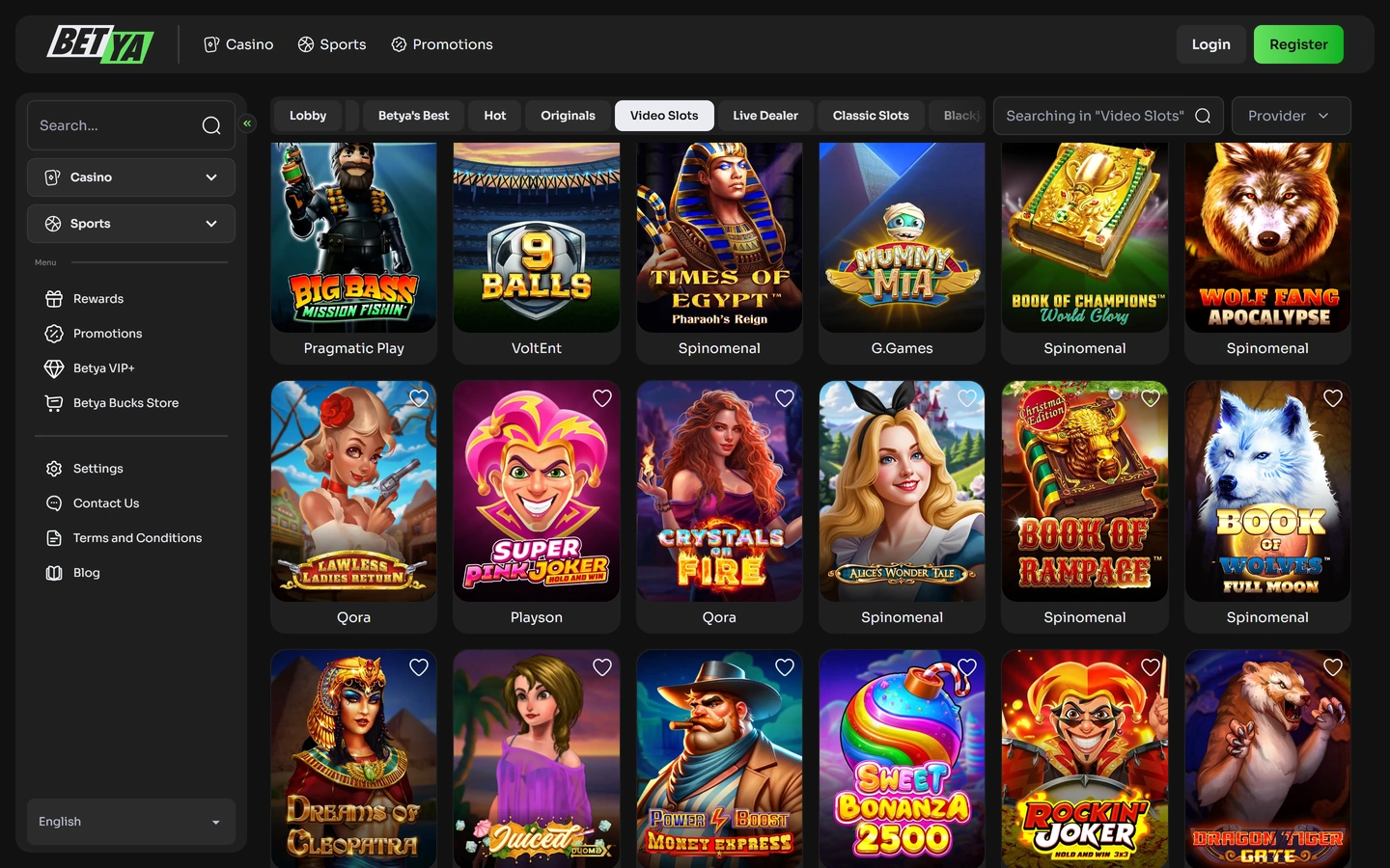 Betyan peliaula Video Slots -välilehdellä, tarjoajasuodatin ja peliruudukko