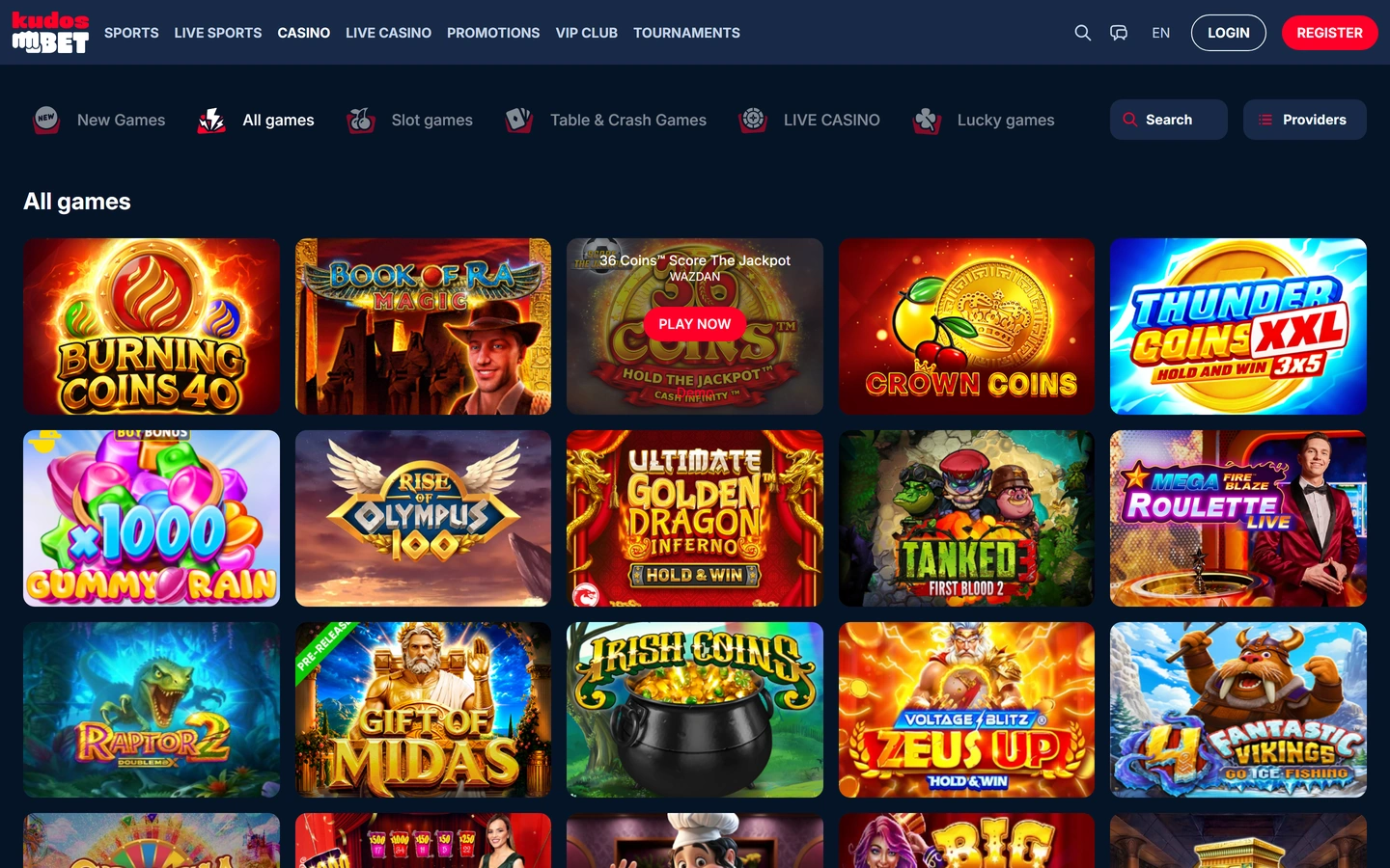 KudosBetin peliaula: All games -ruudukko ja kategorianauha