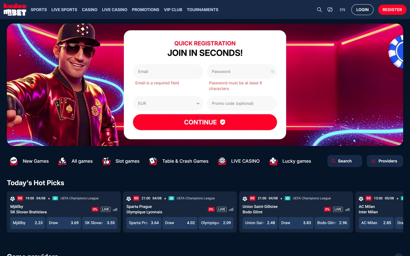 KudosBetin etusivu: pikarekisteröintilomake bannerissa ja päivän vetokohteet