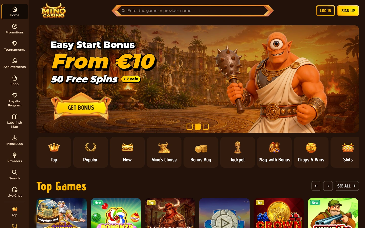 Mino Casinon etusivu: Easy Start Bonus -banneri kyklooppihahmolla ja kategorialaatat