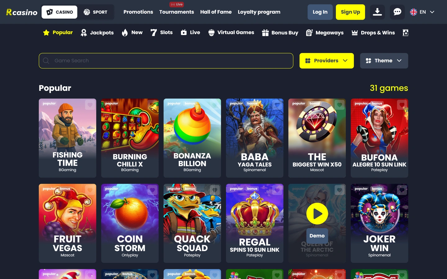 Rcasinon peliaula: Popular-välilehti, 31 peliä ja tarjoajanimet ruutujen alla