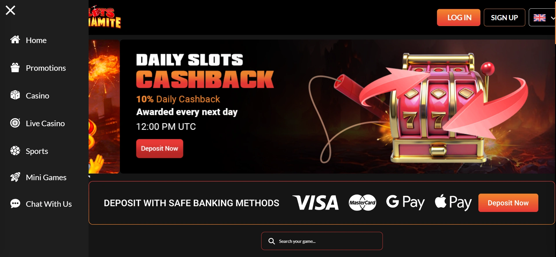 SlotsDynamiten cashback-banneri ja maksutapapalkki