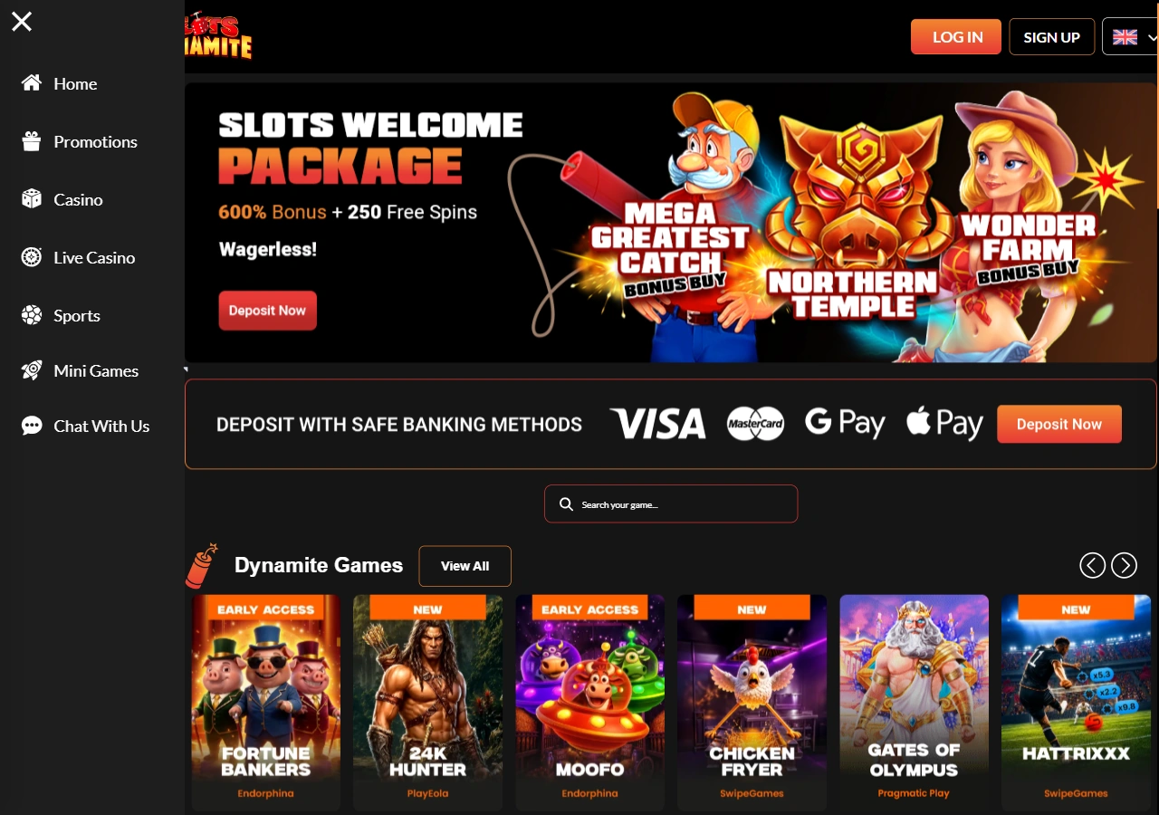SlotsDynamiten etusivu: 600 % bonus + 250 ilmaiskierrosta -banneri ja Dynamite Games -rivi