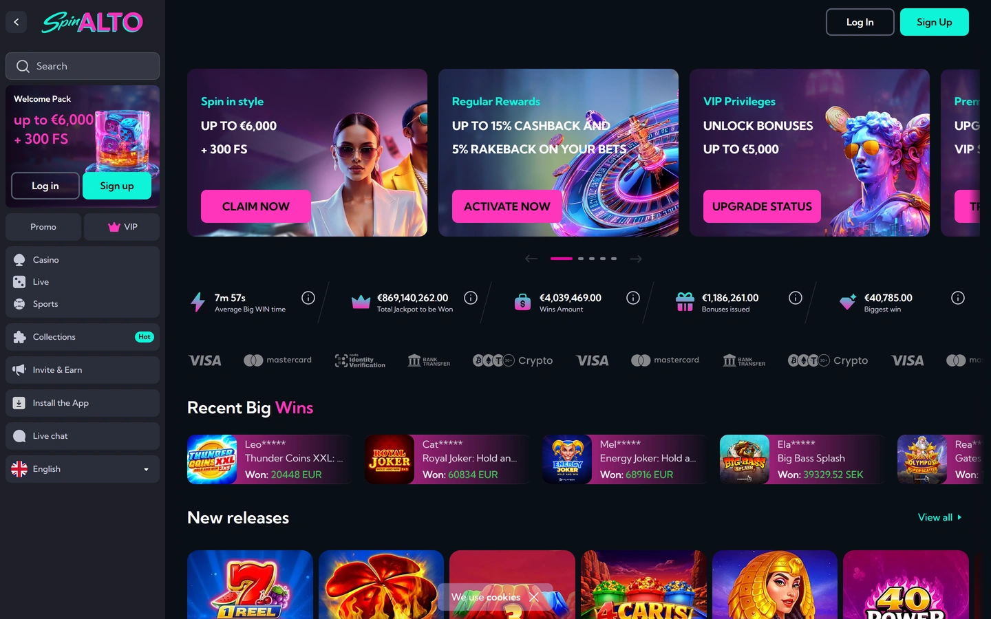 Spinalton etusivu: tervetulopaketti, cashback-kortit ja tilastopalkki