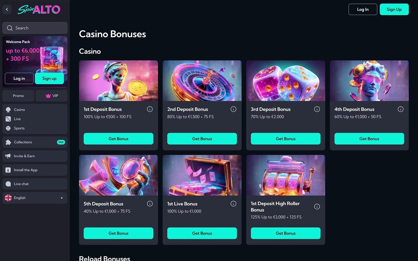 Spinalton bonussivu: viisi talletusbonusta, live-bonus ja high roller -tarjous